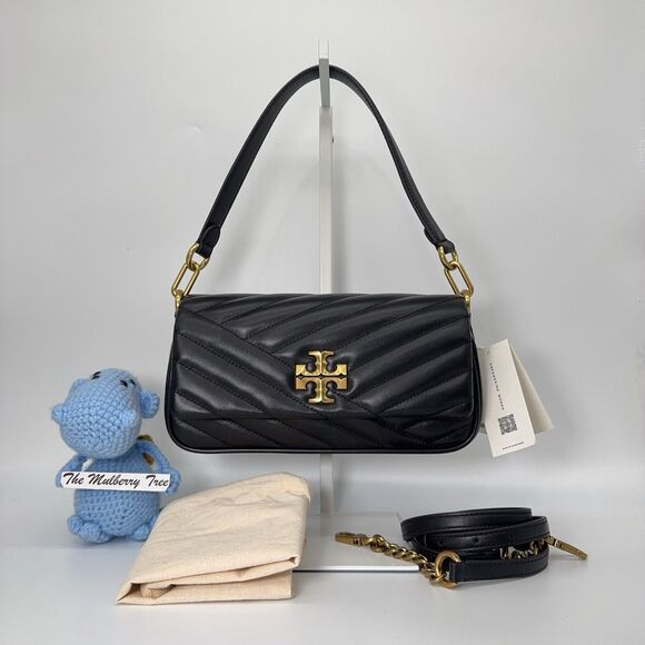 Tory Burch Kira Chevron Flap Shoulder Bag Crossbody Leather 90456 Black Gold NWT - Picture 1 of 14